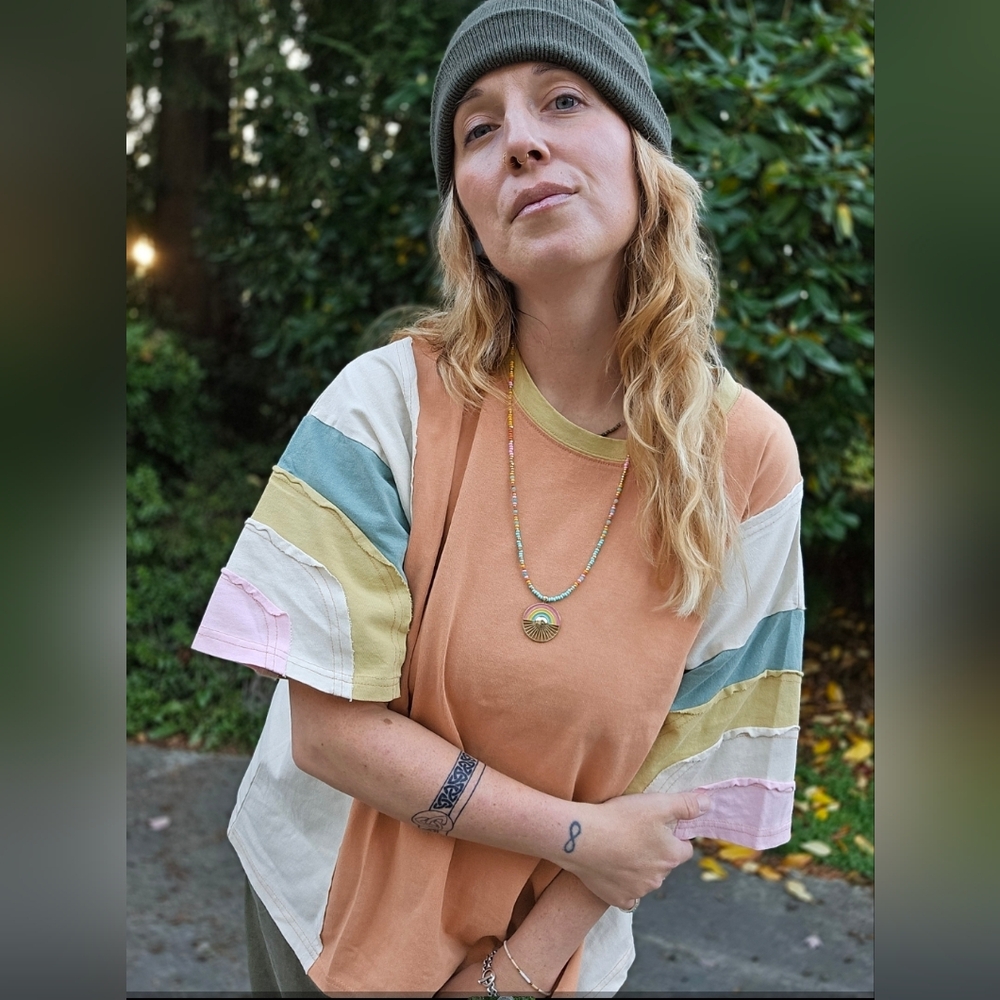 Three Bird Nest Orange Green Oversized Boxy Short Sleeve Tee